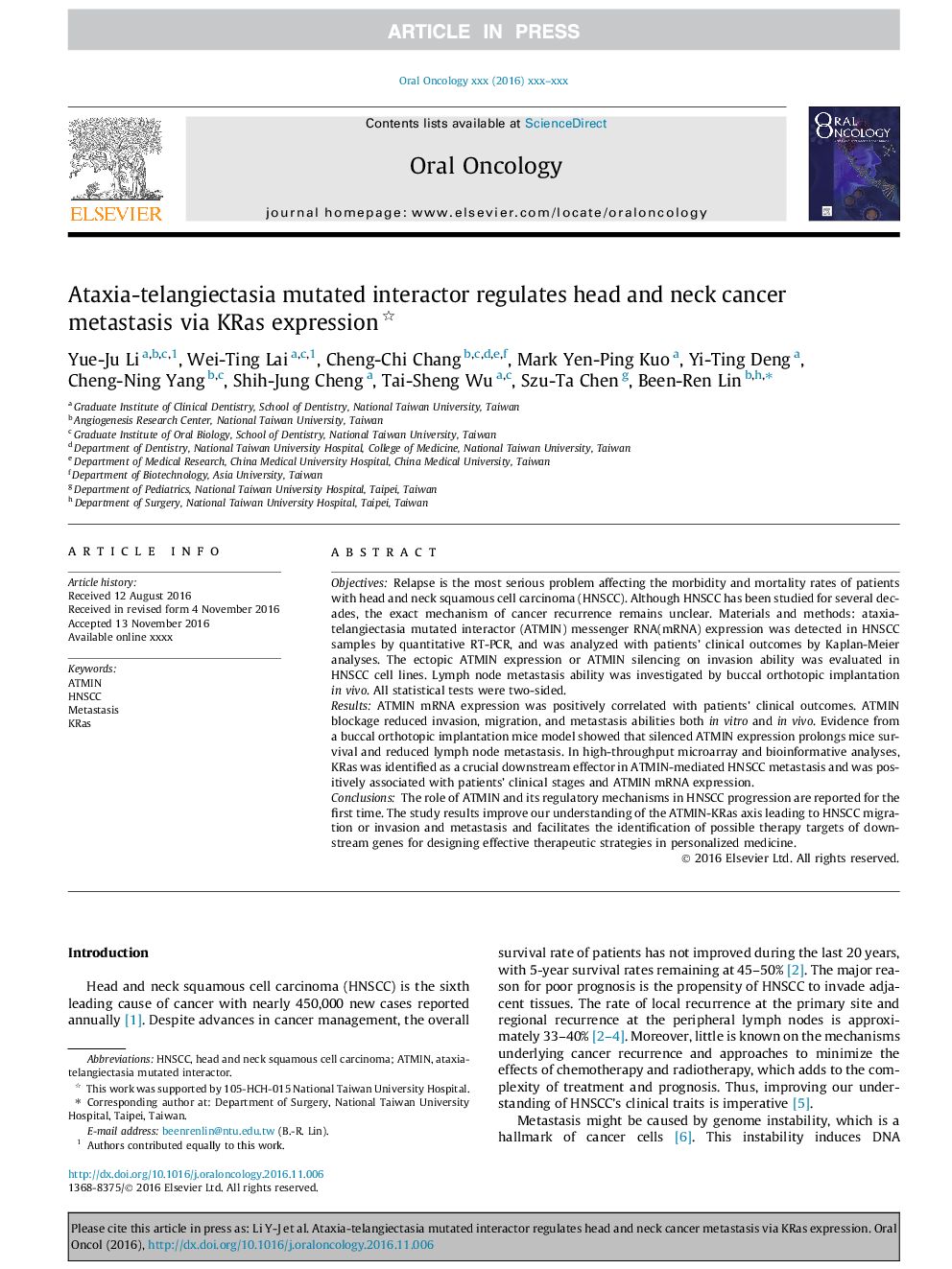 Ataxia-telangiectasia mutated interactor regulates head and neck cancer metastasis via KRas expression