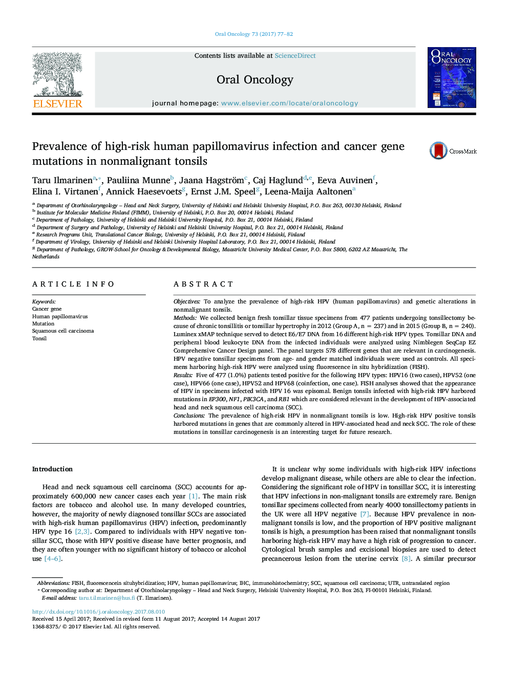 Prevalence of high-risk human papillomavirus infection and cancer gene mutations in nonmalignant tonsils