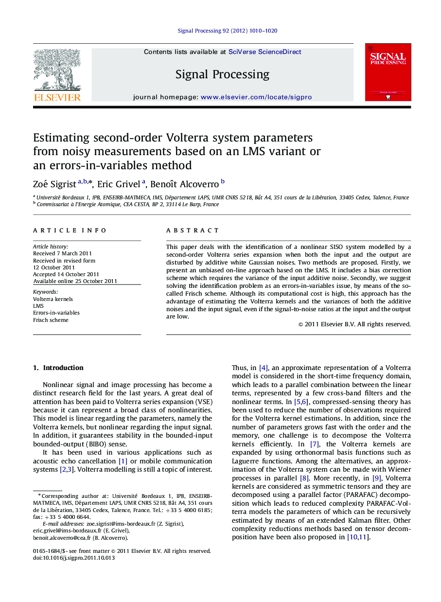 Estimating second-order Volterra system parameters from noisy measurements based on an LMS variant or an errors-in-variables method