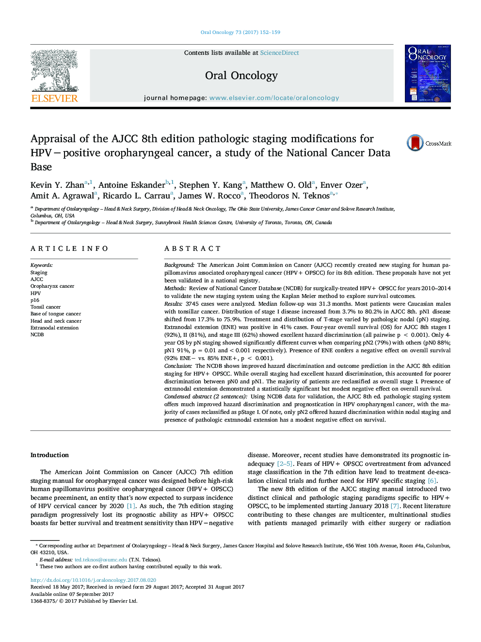 Appraisal of the AJCC 8th edition pathologic staging modifications for HPVâpositive oropharyngeal cancer, a study of the National Cancer Data Base