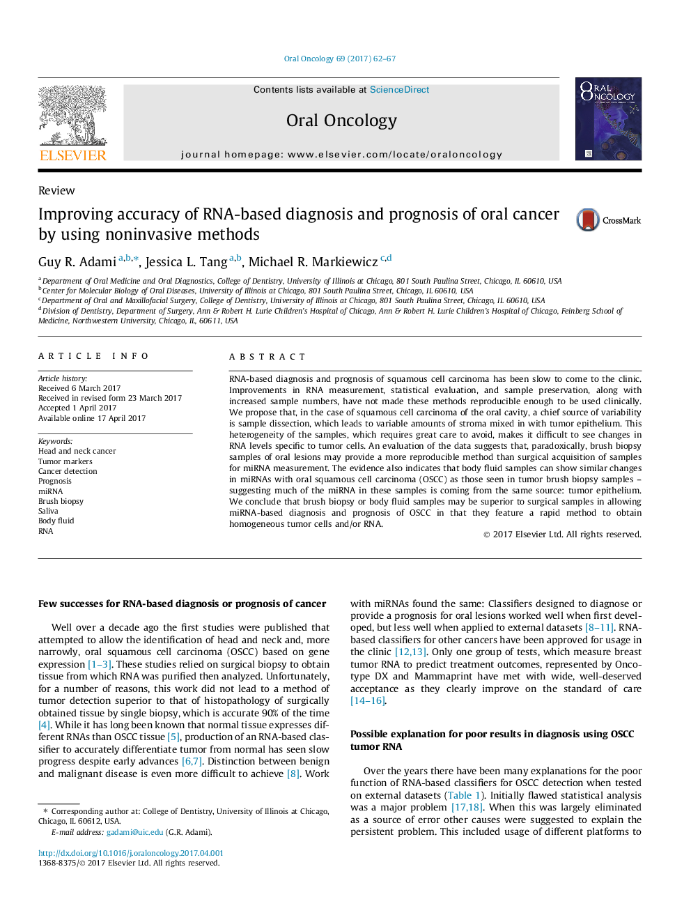 Improving accuracy of RNA-based diagnosis and prognosis of oral cancer by using noninvasive methods