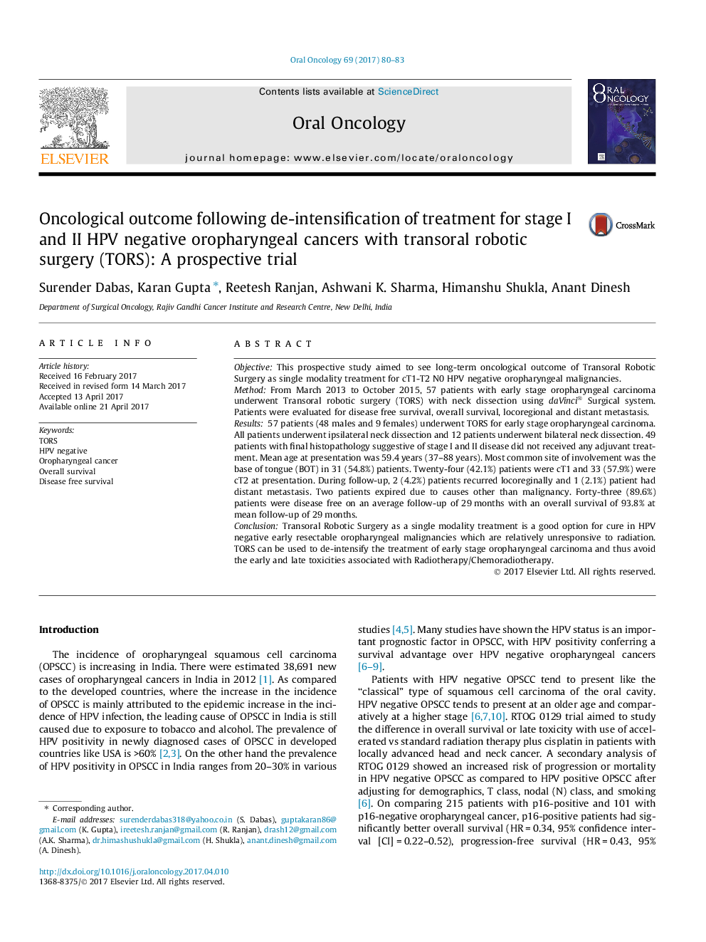 Oncological outcome following de-intensification of treatment for stage I and II HPV negative oropharyngeal cancers with transoral robotic surgery (TORS): A prospective trial