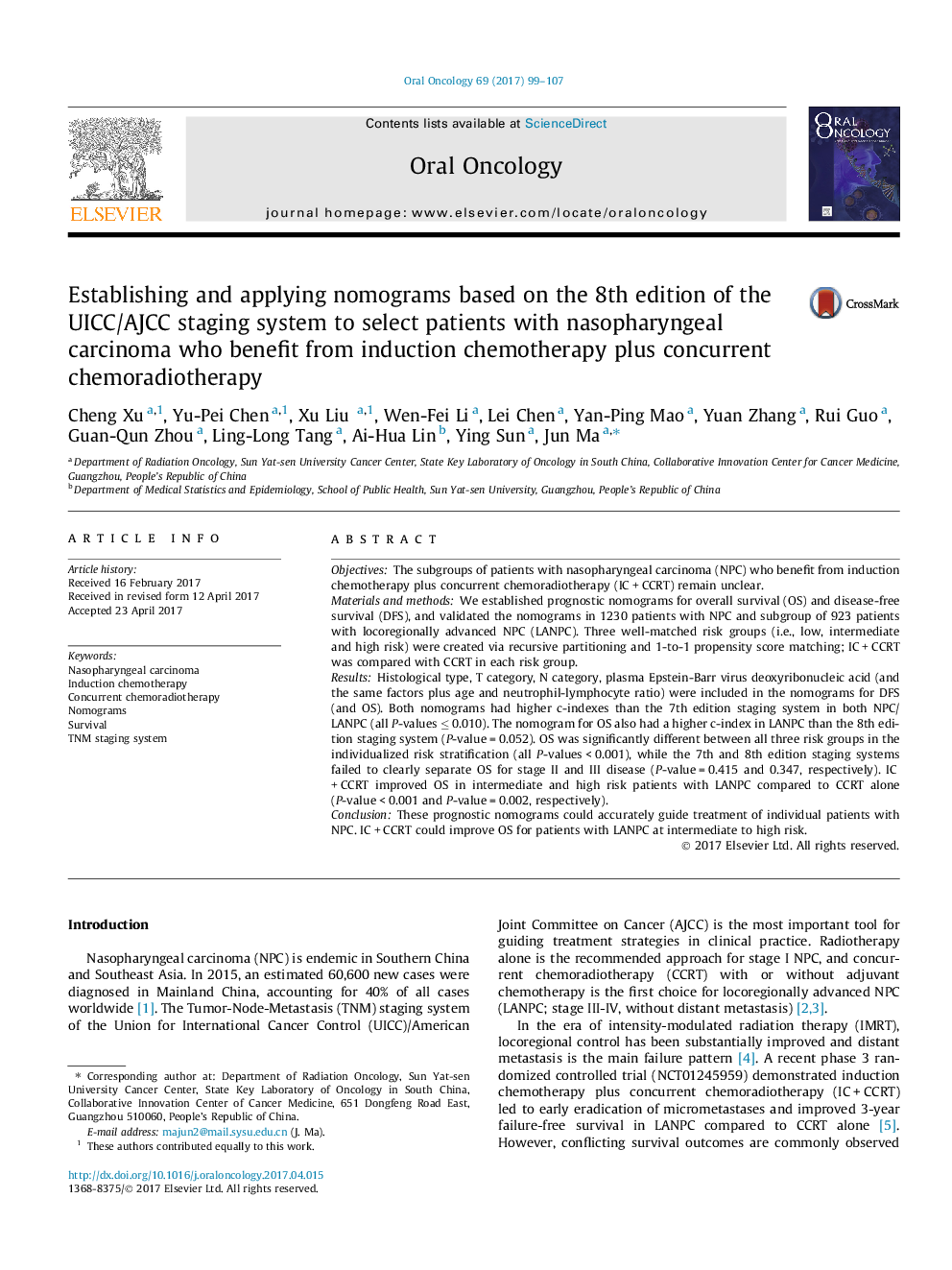 Establishing and applying nomograms based on the 8th edition of the UICC/AJCC staging system to select patients with nasopharyngeal carcinoma who benefit from induction chemotherapy plus concurrent chemoradiotherapy