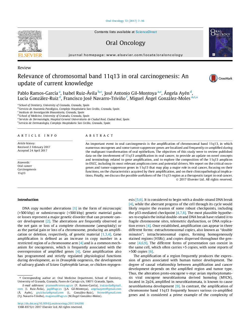 Relevance of chromosomal band 11q13 in oral carcinogenesis: An update of current knowledge