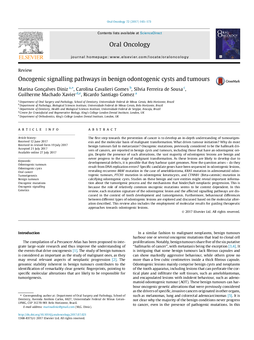 Oncogenic signalling pathways in benign odontogenic cysts and tumours