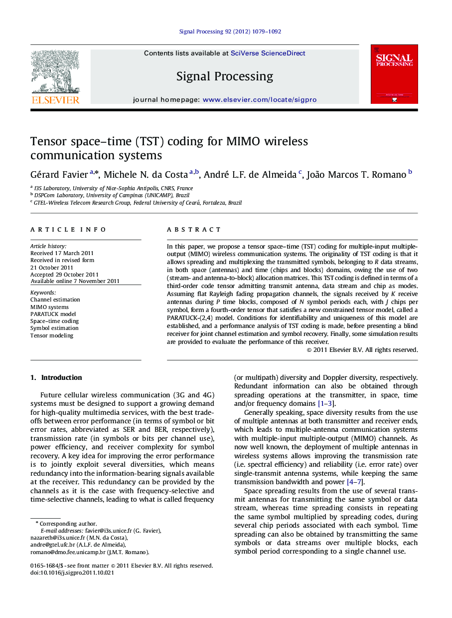 Tensor space–time (TST) coding for MIMO wireless communication systems