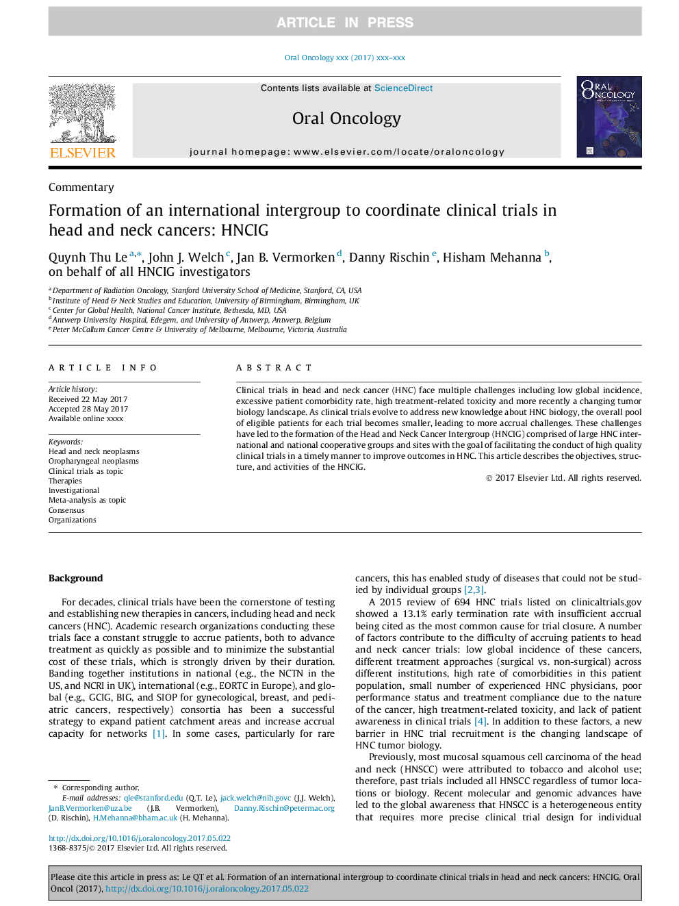 Formation of an international intergroup to coordinate clinical trials in head and neck cancers: HNCIG