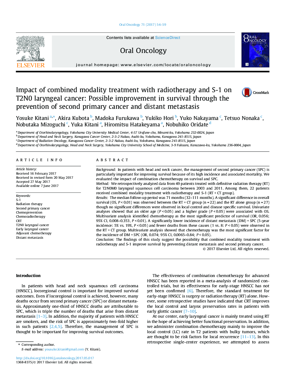 Impact of combined modality treatment with radiotherapy and S-1 on T2N0 laryngeal cancer: Possible improvement in survival through the prevention of second primary cancer and distant metastasis