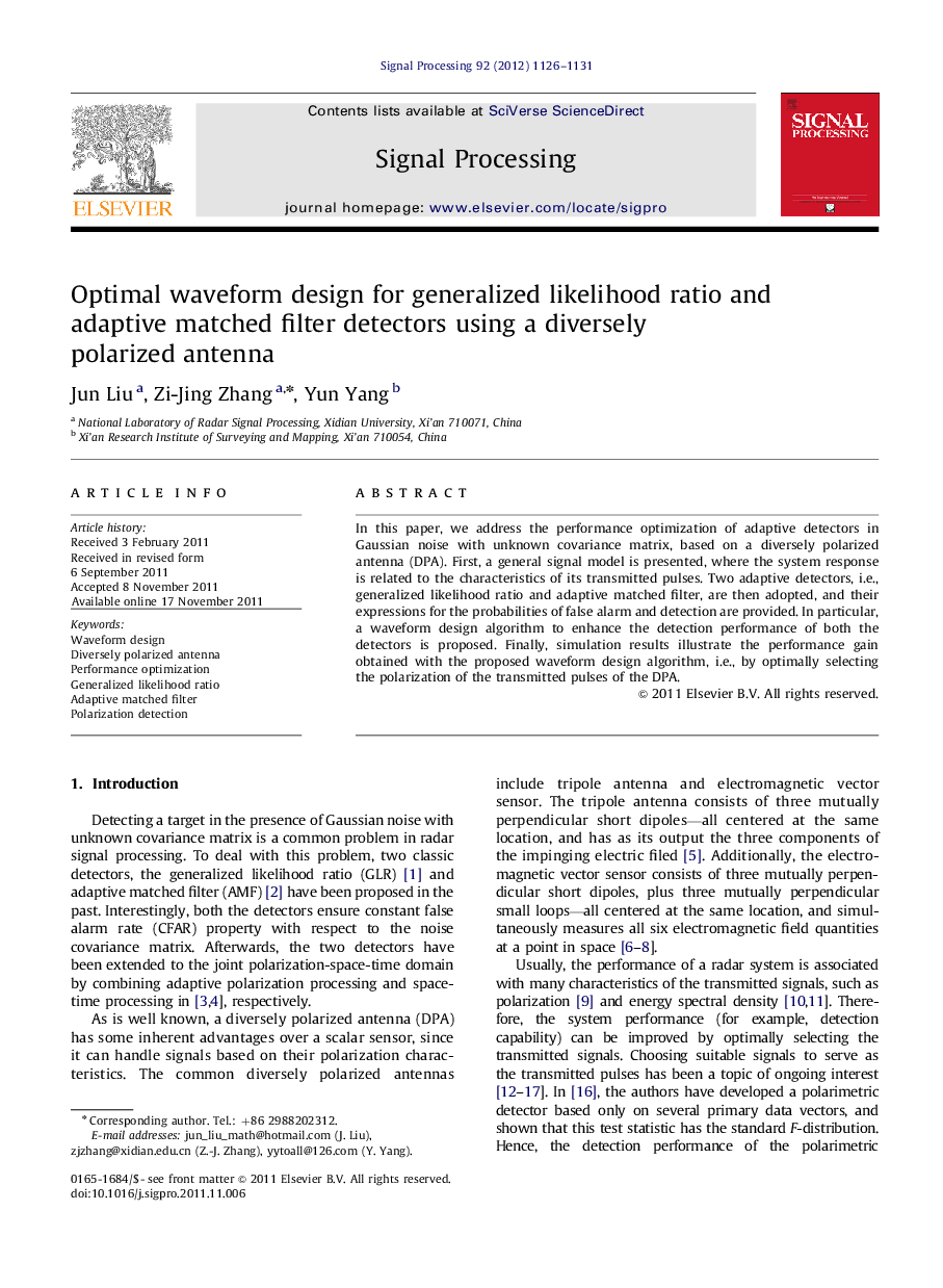 Optimal waveform design for generalized likelihood ratio and adaptive matched filter detectors using a diversely polarized antenna