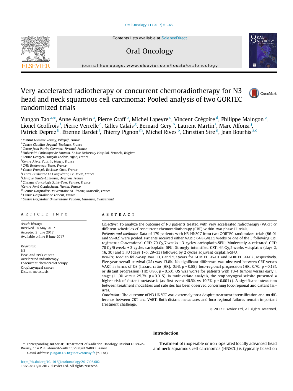 Very accelerated radiotherapy or concurrent chemoradiotherapy for N3 head and neck squamous cell carcinoma: Pooled analysis of two GORTEC randomized trials