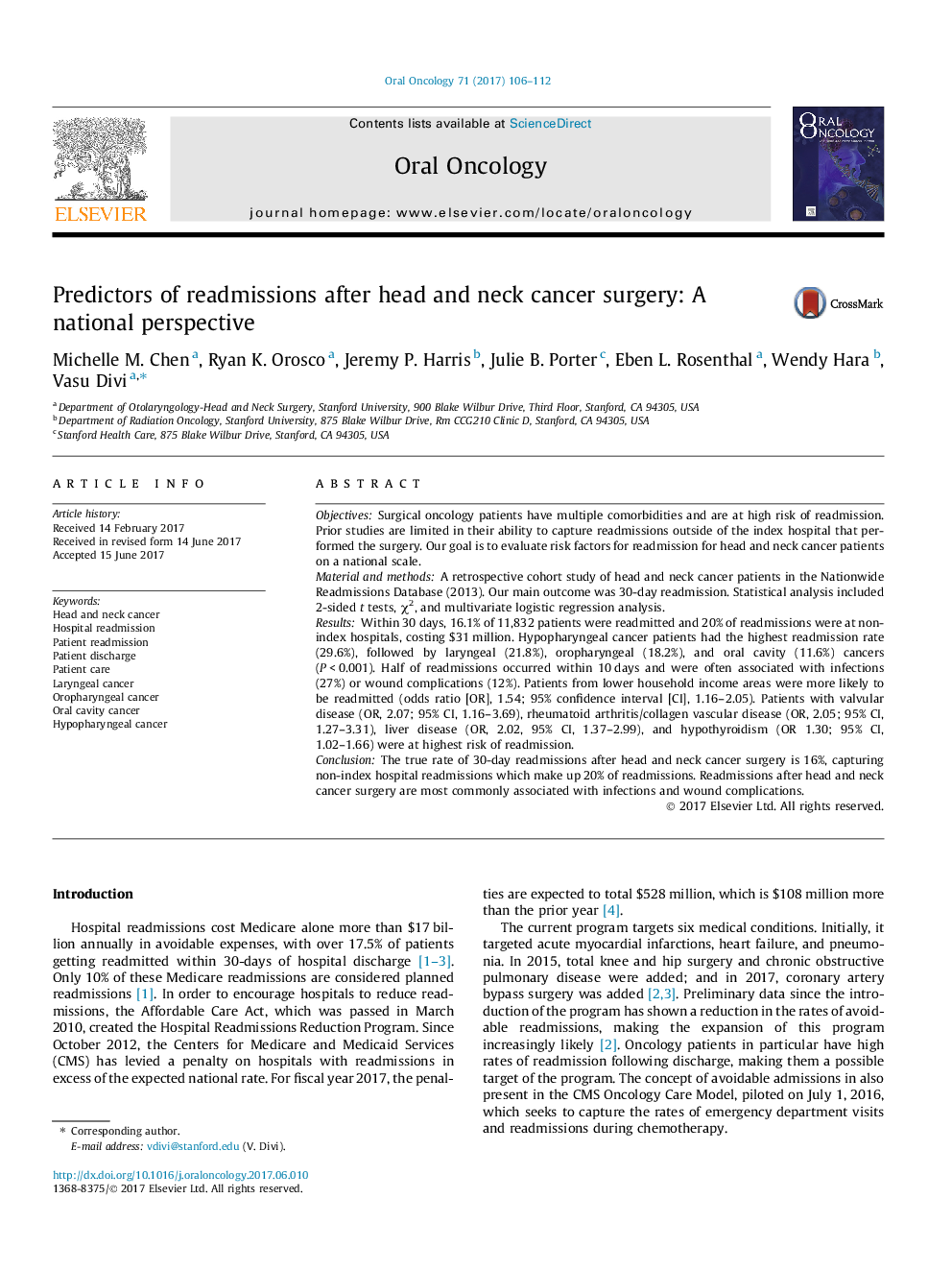 Predictors of readmissions after head and neck cancer surgery: A national perspective