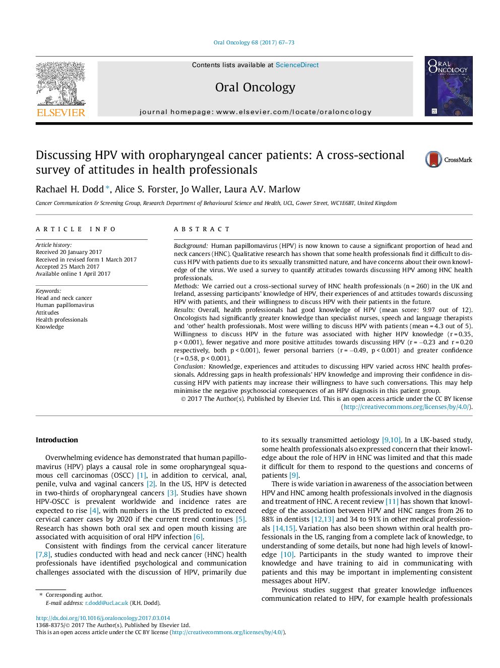 Discussing HPV with oropharyngeal cancer patients: A cross-sectional survey of attitudes in health professionals