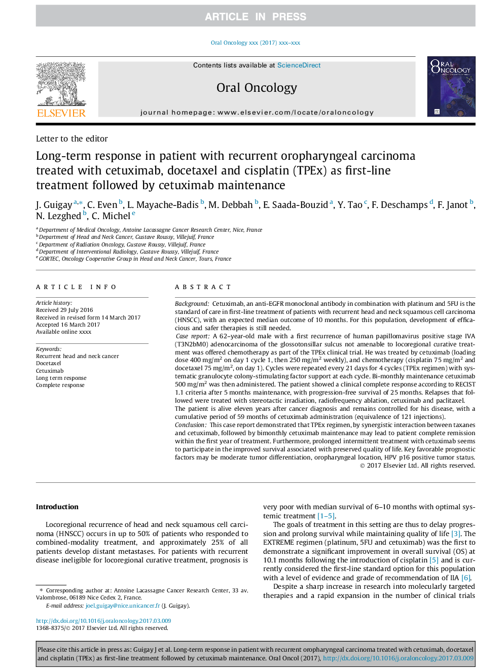 Long-term response in patient with recurrent oropharyngeal carcinoma treated with cetuximab, docetaxel and cisplatin (TPEx) as first-line treatment followed by cetuximab maintenance