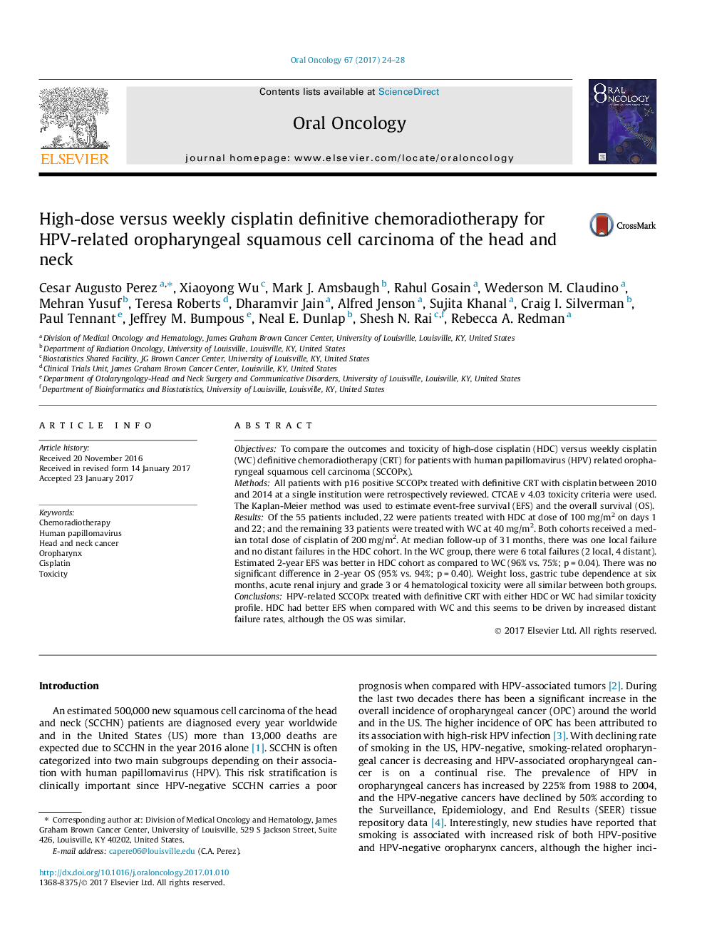 High-dose versus weekly cisplatin definitive chemoradiotherapy for HPV-related oropharyngeal squamous cell carcinoma of the head and neck