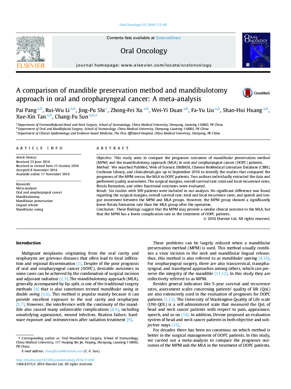 A comparison of mandible preservation method and mandibulotomy approach in oral and oropharyngeal cancer: A meta-analysis