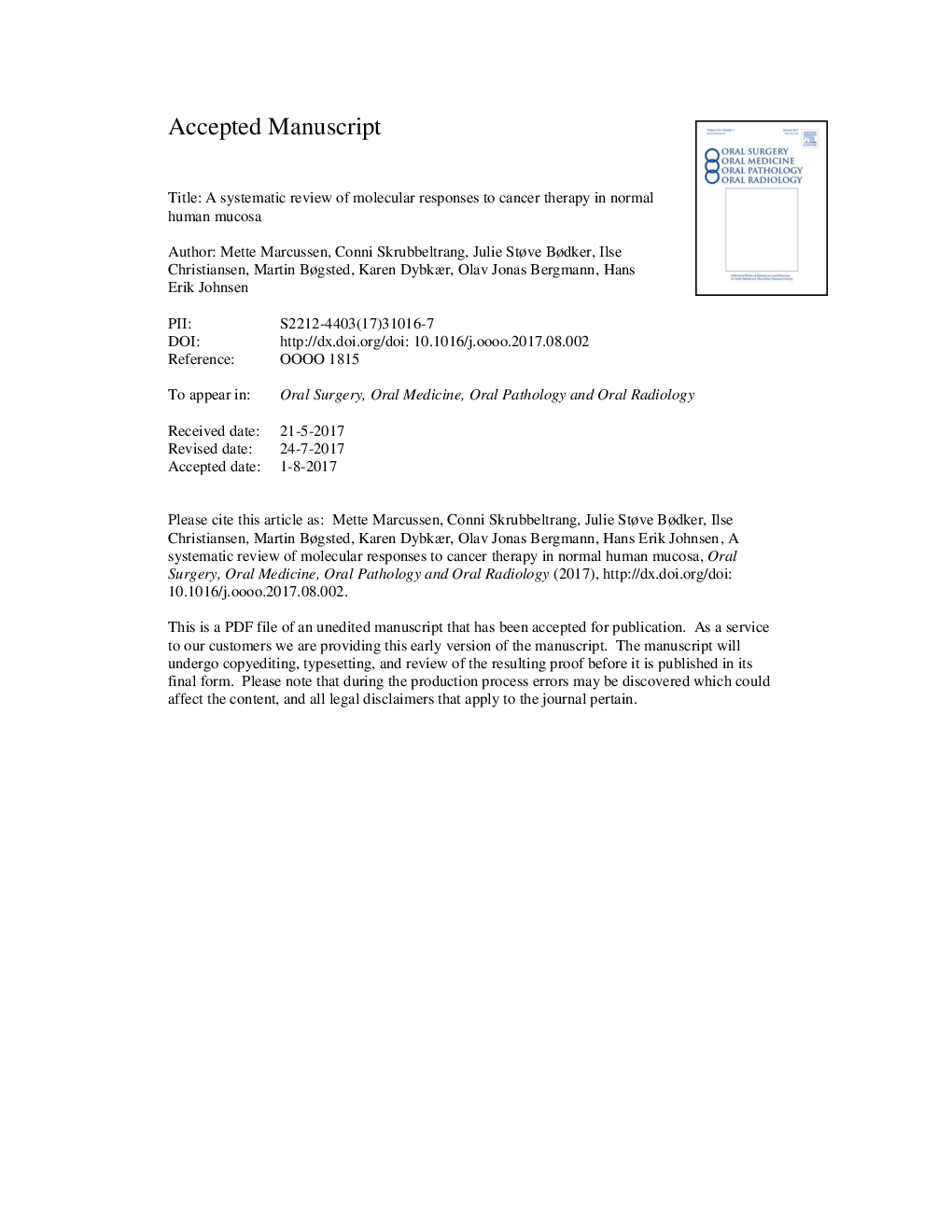 A systematic review of molecular responses to cancer therapy in normal human mucosa