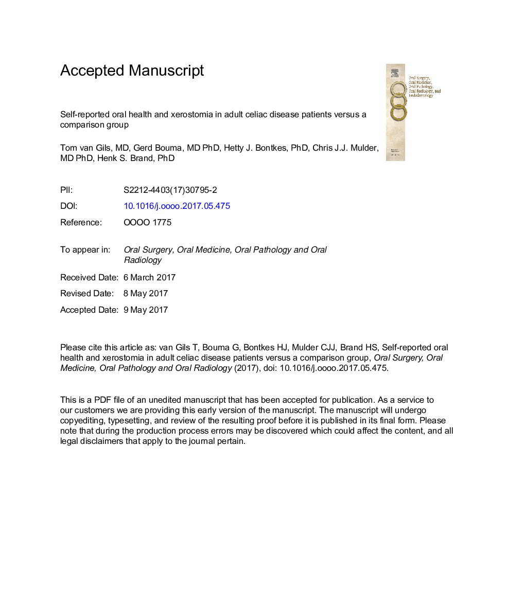 Self-reported oral health and xerostomia in adult patients with celiac disease versus a comparison group