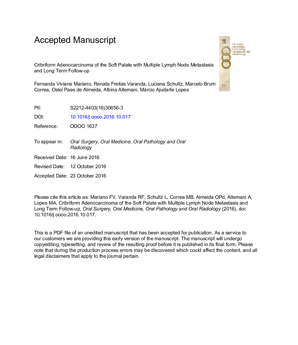 آدنوکاریسینوم کریبرومور نرم کاشت با متاستاز غدد لنفاوی متعدد و پیگیری طولانی مدت 