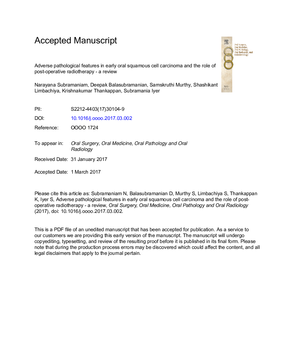 Adverse pathologic features in early oral squamous cell carcinoma and the role of postoperative radiotherapy-a review