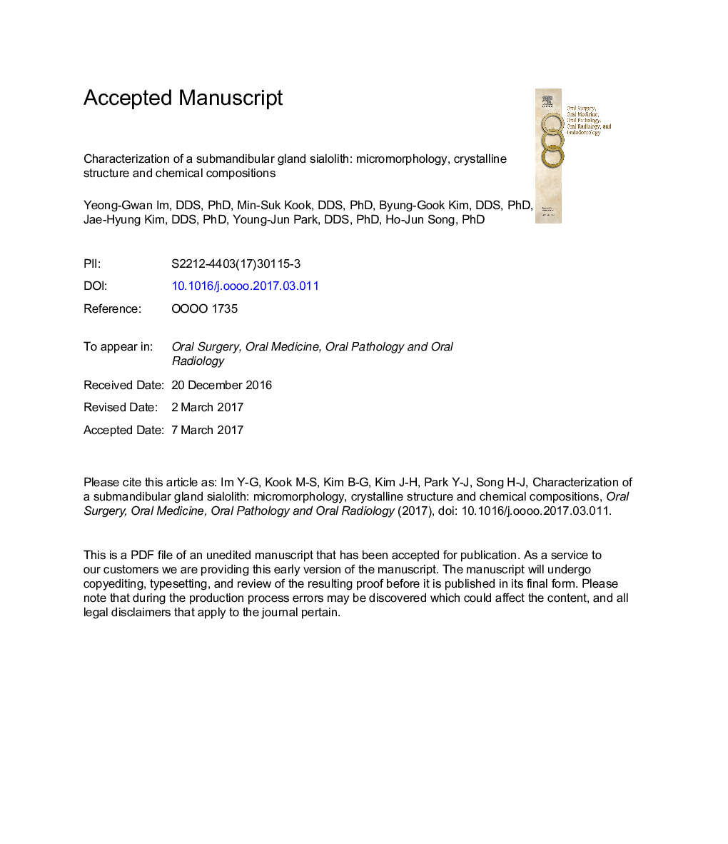 Characterization of a submandibular gland sialolith: micromorphology, crystalline structure, and chemical compositions