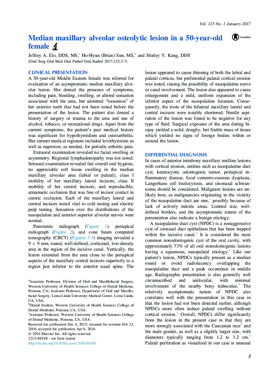 Median maxillary alveolar osteolytic lesion in a 50-year-old female