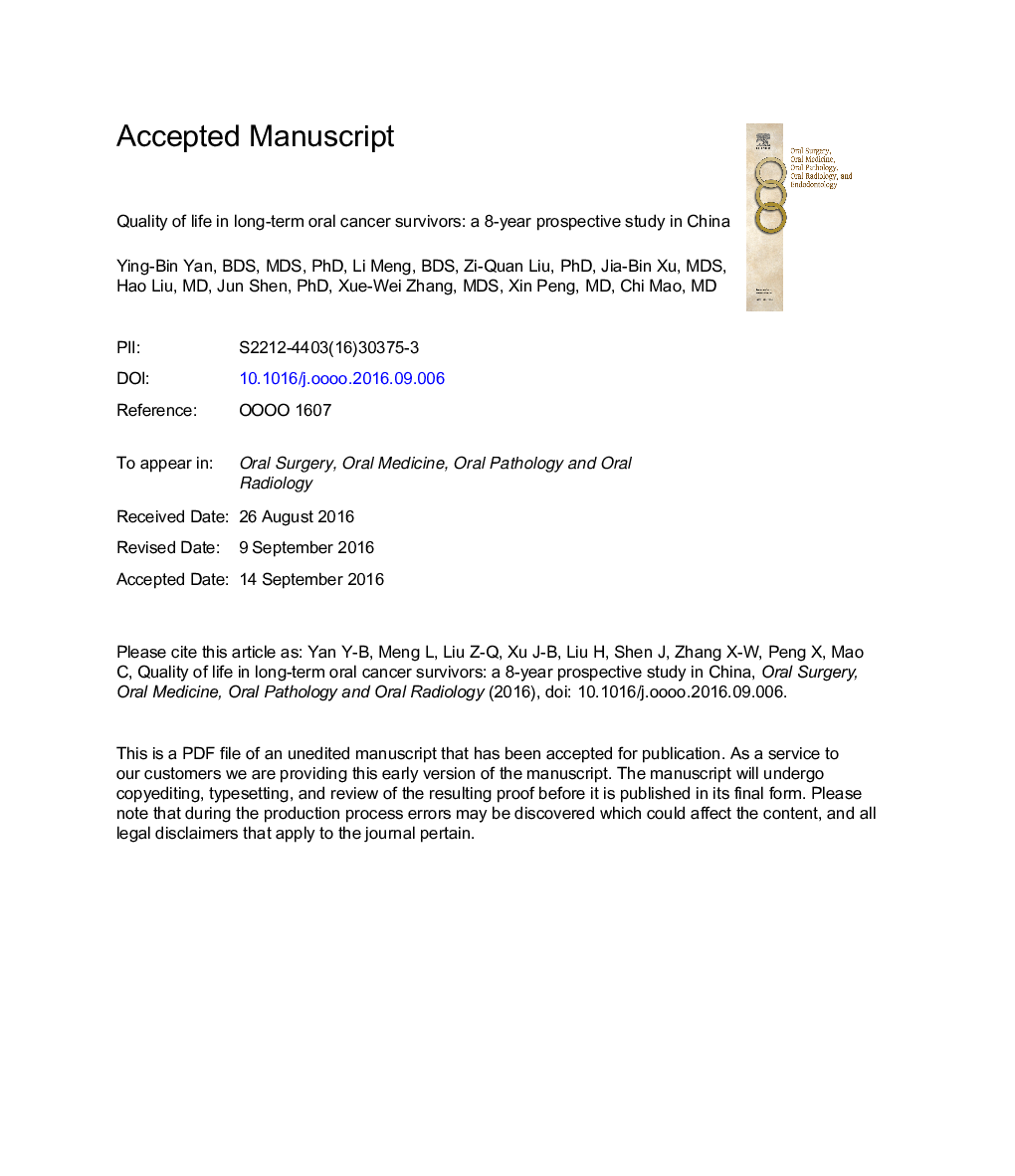 Quality of life in long-term oral cancer survivors: an 8-year prospective study in China