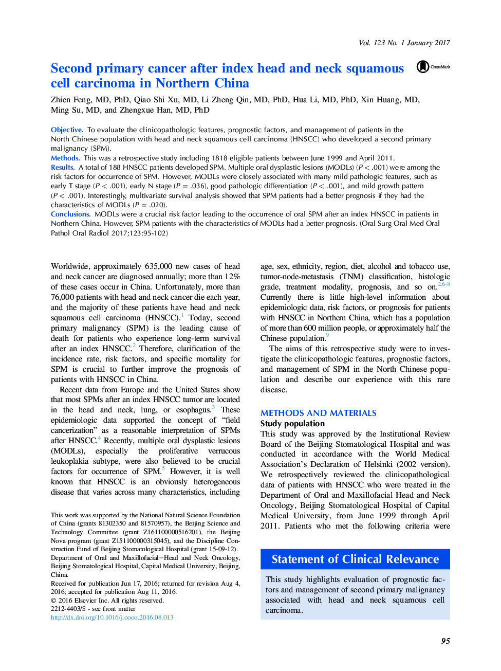 Second primary cancer after index head and neck squamous cell carcinoma in Northern China