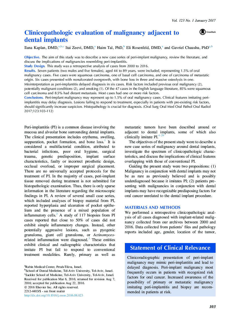 Clinicopathologic evaluation of malignancy adjacent to dental implants