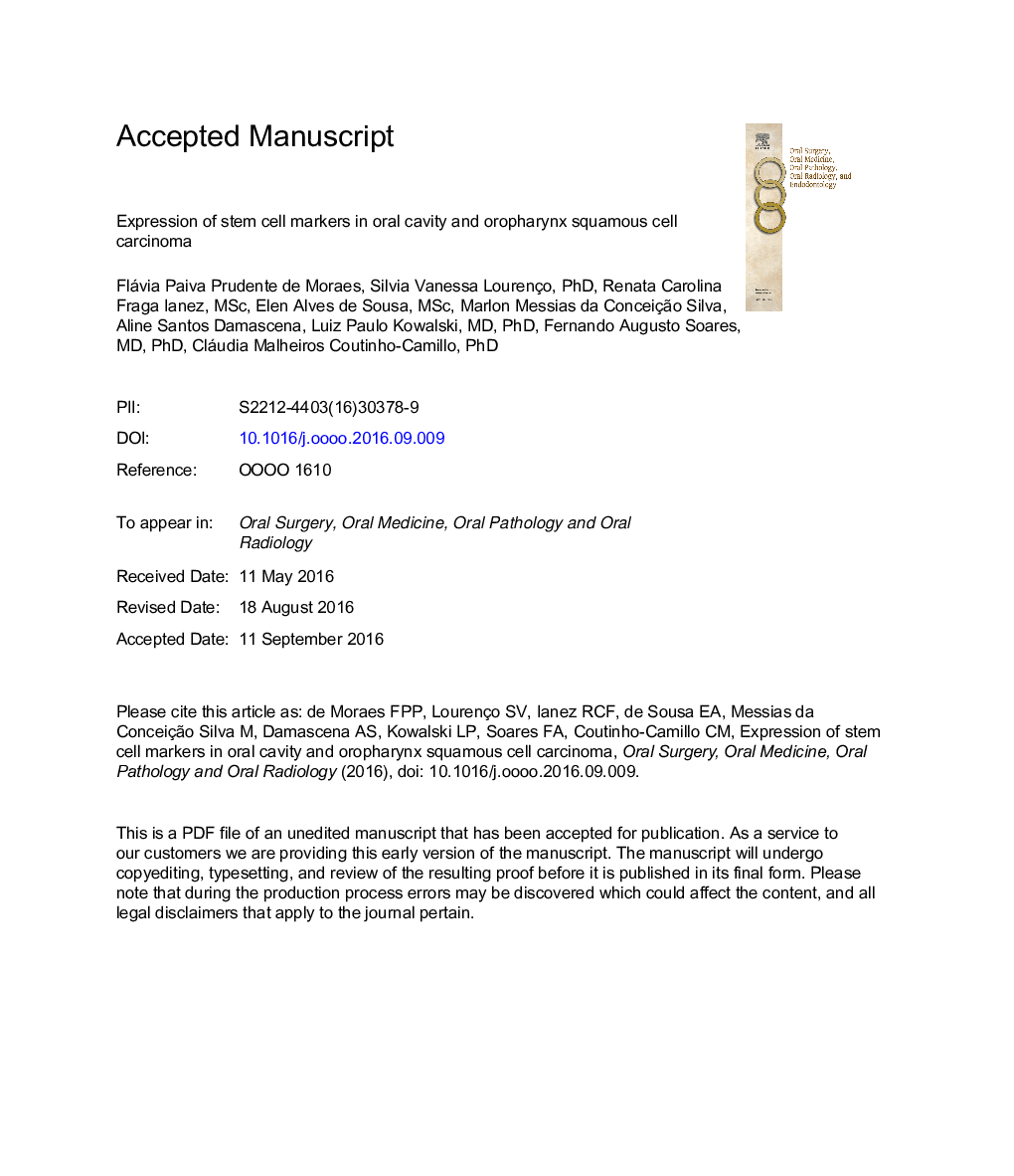 Expression of stem cell markers in oral cavity and oropharynx squamous cell carcinoma