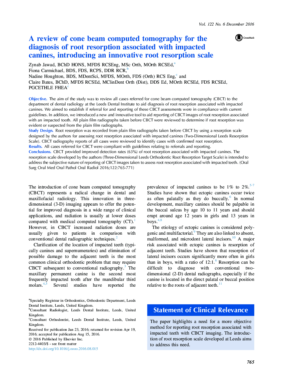 A review of cone beam computed tomography for the diagnosis of root resorption associated with impacted canines, introducing an innovative root resorption scale