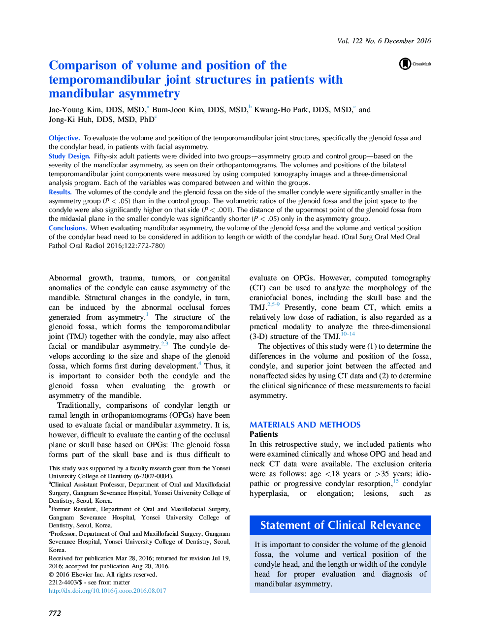 Comparison of volume and position of the temporomandibular joint structures in patients with mandibular asymmetry