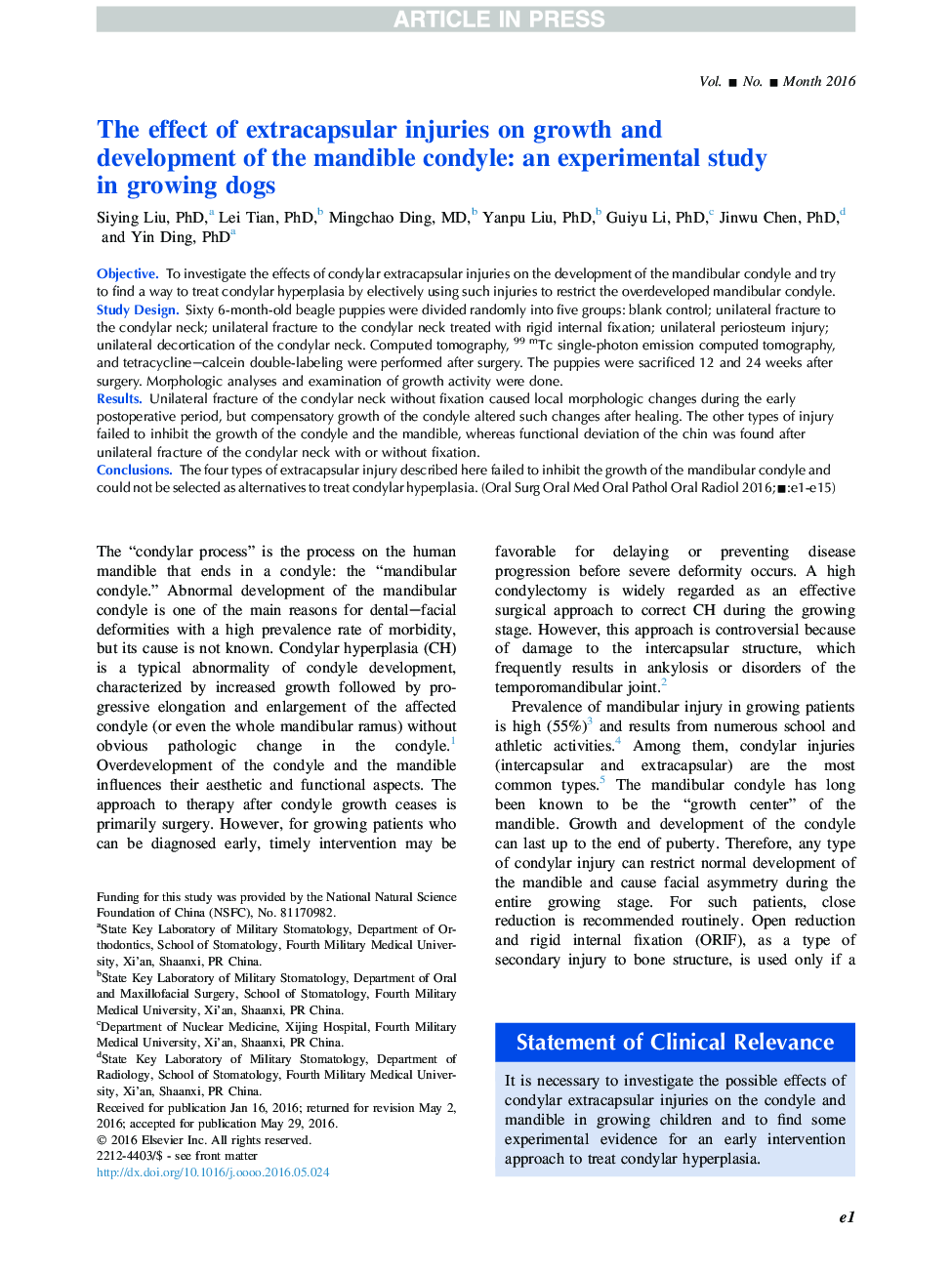 The effect of extracapsular injuries on growth and development of the mandible condyle: an experimental study in growing dogs