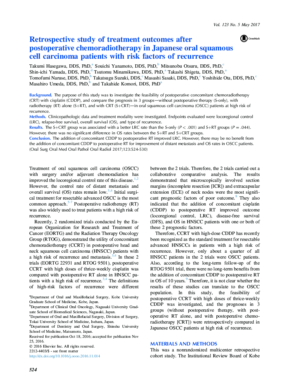 Retrospective study of treatment outcomes after postoperative chemoradiotherapy in Japanese oral squamous cell carcinoma patients with risk factors of recurrence