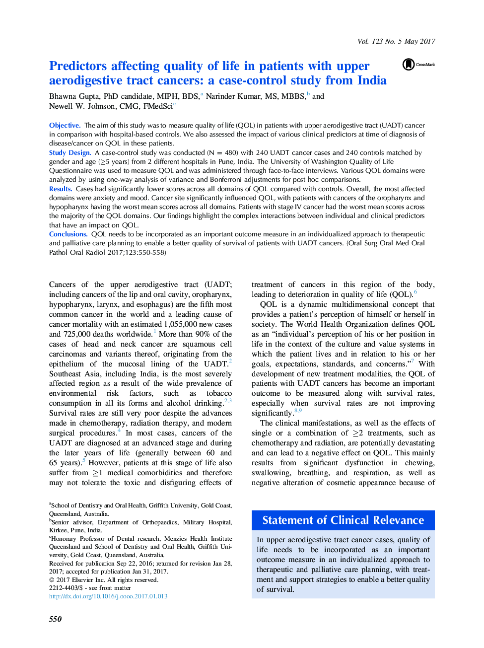 Predictors affecting quality of life in patients with upper aerodigestive tract cancers: a case-control study from India