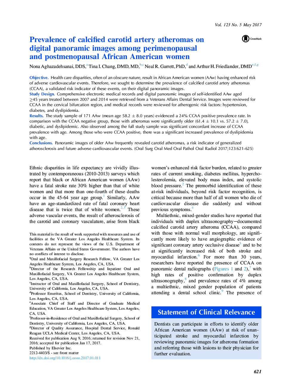 Prevalence of calcified carotid artery atheromas on digitalÂ panoramic images among perimenopausal andÂ postmenopausal African American women