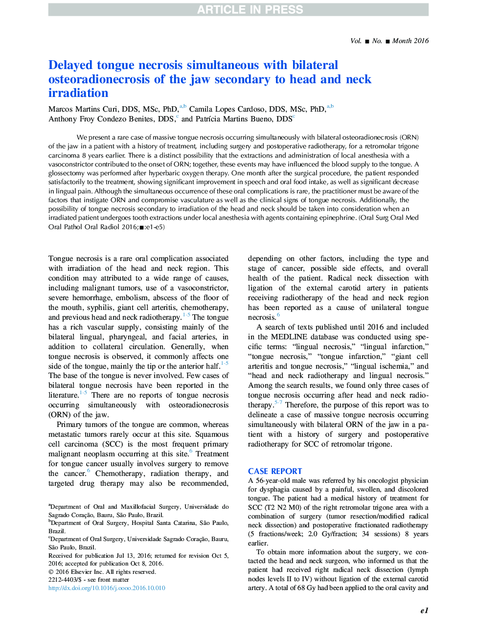 Delayed tongue necrosis simultaneous with bilateral osteoradionecrosis of the jaw secondary to head and neck irradiation