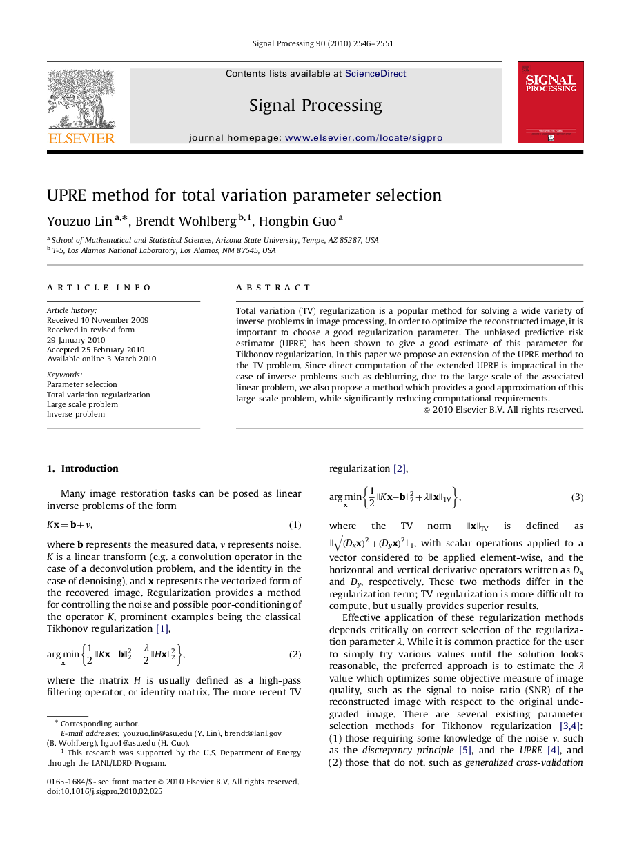 UPRE method for total variation parameter selection