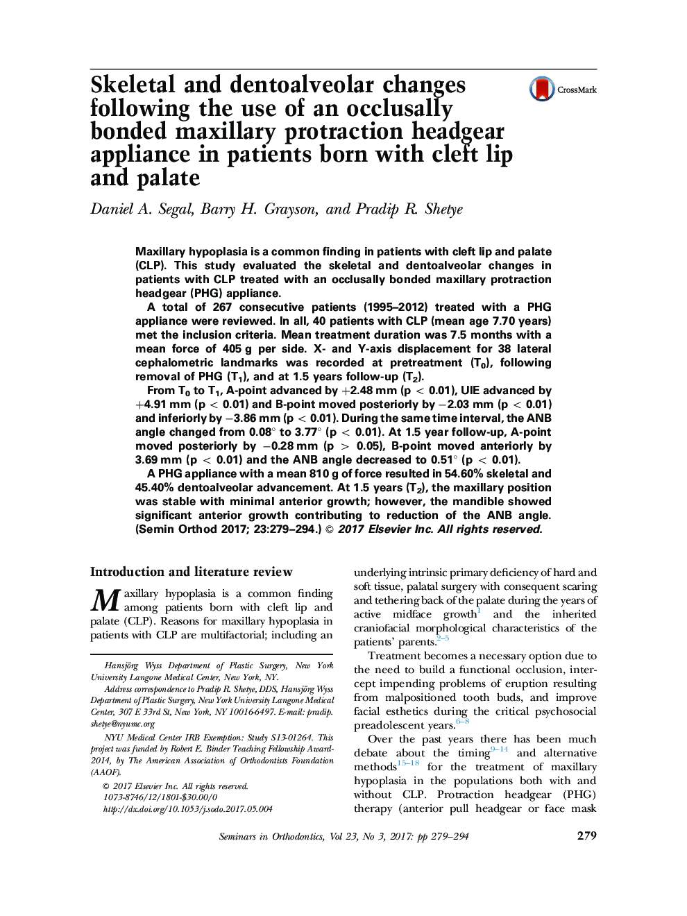 Skeletal and dentoalveolar changes following the use of an occlusally bonded maxillary protraction headgear appliance in patients born with cleft lip and palate
