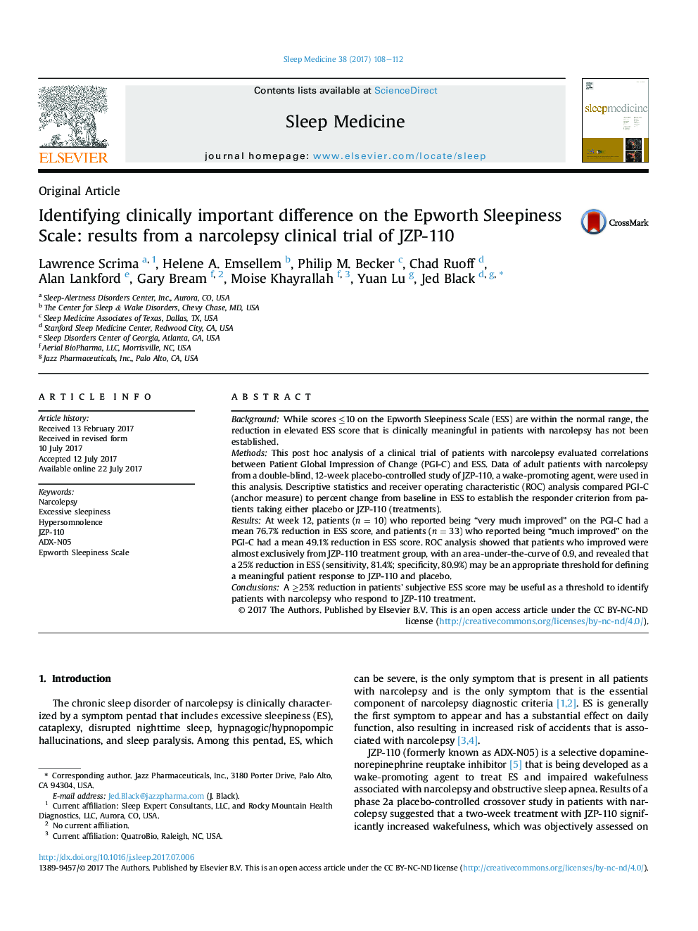 Identifying clinically important difference on the Epworth Sleepiness Scale: results from a narcolepsy clinical trial of JZP-110