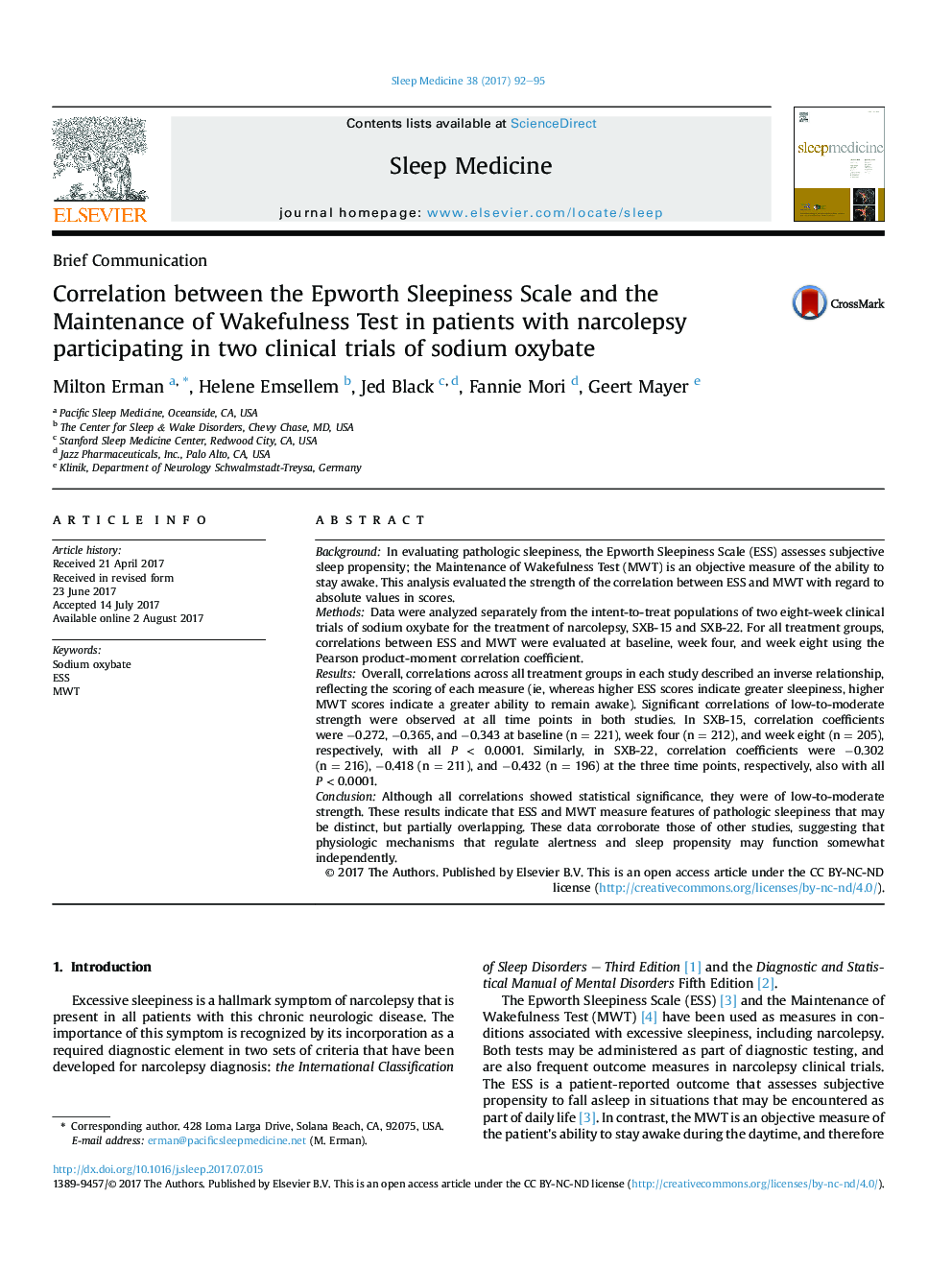 Correlation between the Epworth Sleepiness Scale and the Maintenance of Wakefulness Test in patients with narcolepsy participating in two clinical trials of sodium oxybate