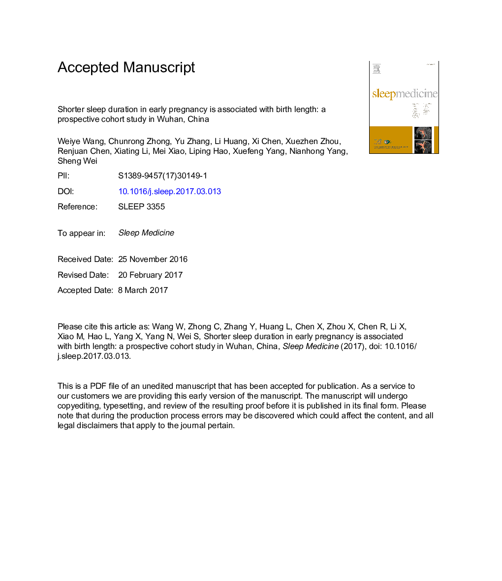 Shorter sleep duration in early pregnancy is associated with birth length: a prospective cohort study in Wuhan, China