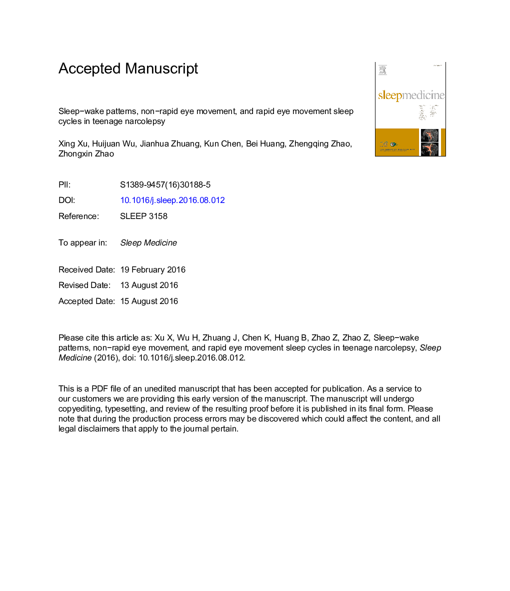 Sleep-wake patterns, non-rapid eye movement, and rapid eye movement sleep cycles in teenage narcolepsy