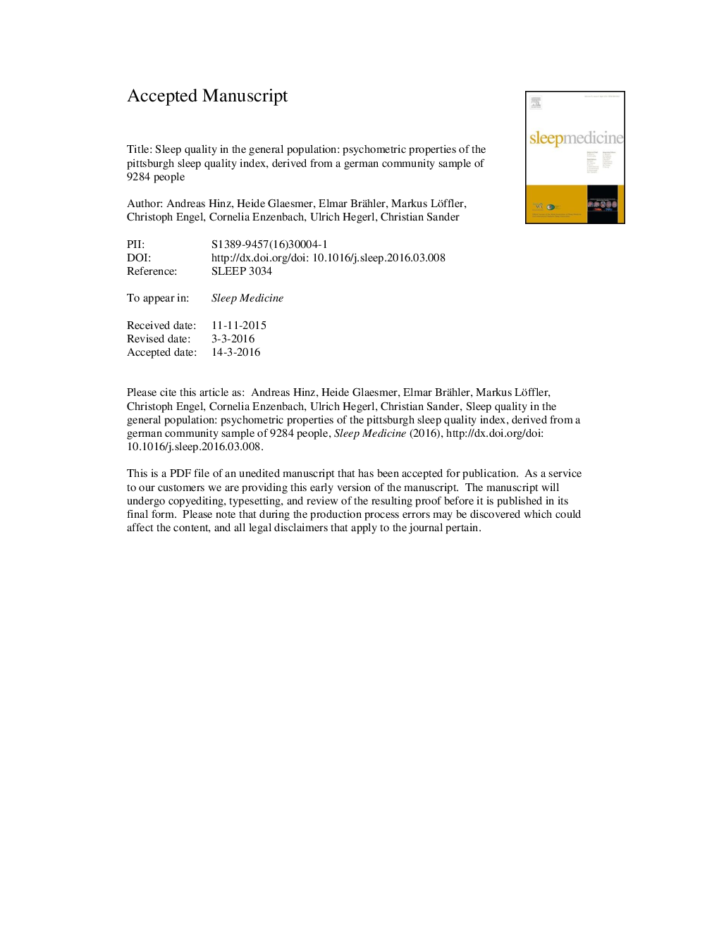 Sleep quality in the general population: psychometric properties of the Pittsburgh Sleep Quality Index, derived from a German community sample of 9284 people