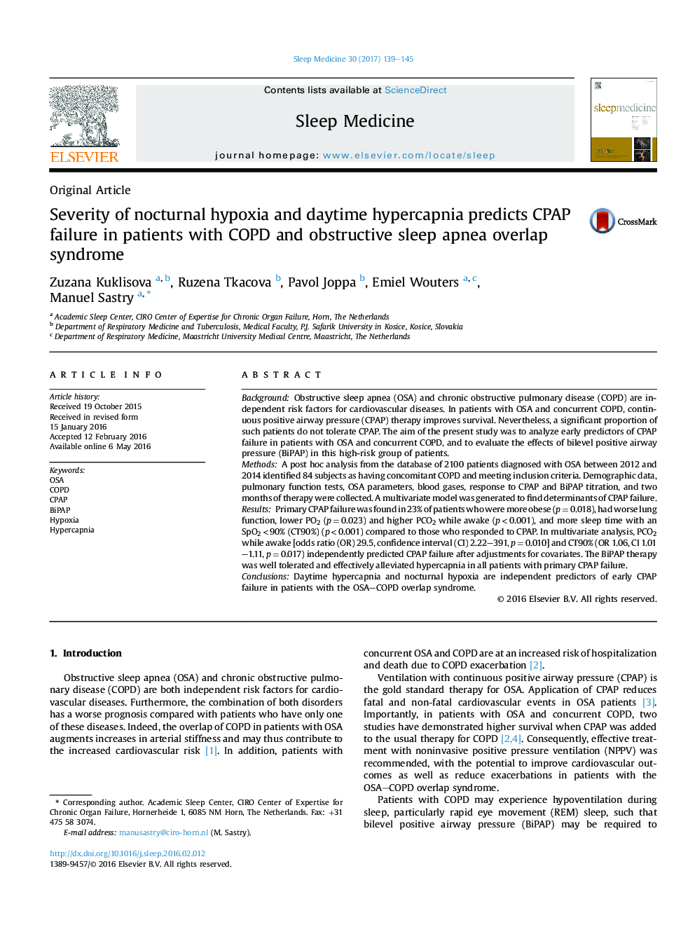 Severity of nocturnal hypoxia and daytime hypercapnia predicts CPAP failure in patients with COPD and obstructive sleep apnea overlap syndrome