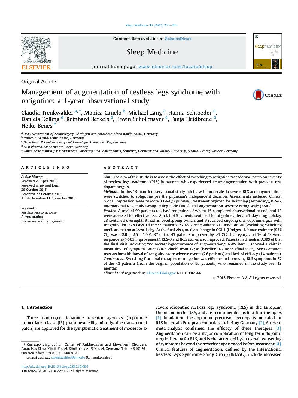 Management of augmentation of restless legs syndrome with rotigotine: a 1-year observational study