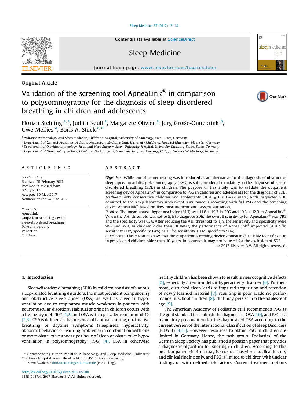 Validation of the screening tool ApneaLink® in comparison toÂ polysomnography for the diagnosis of sleep-disordered breathingÂ in children and adolescents