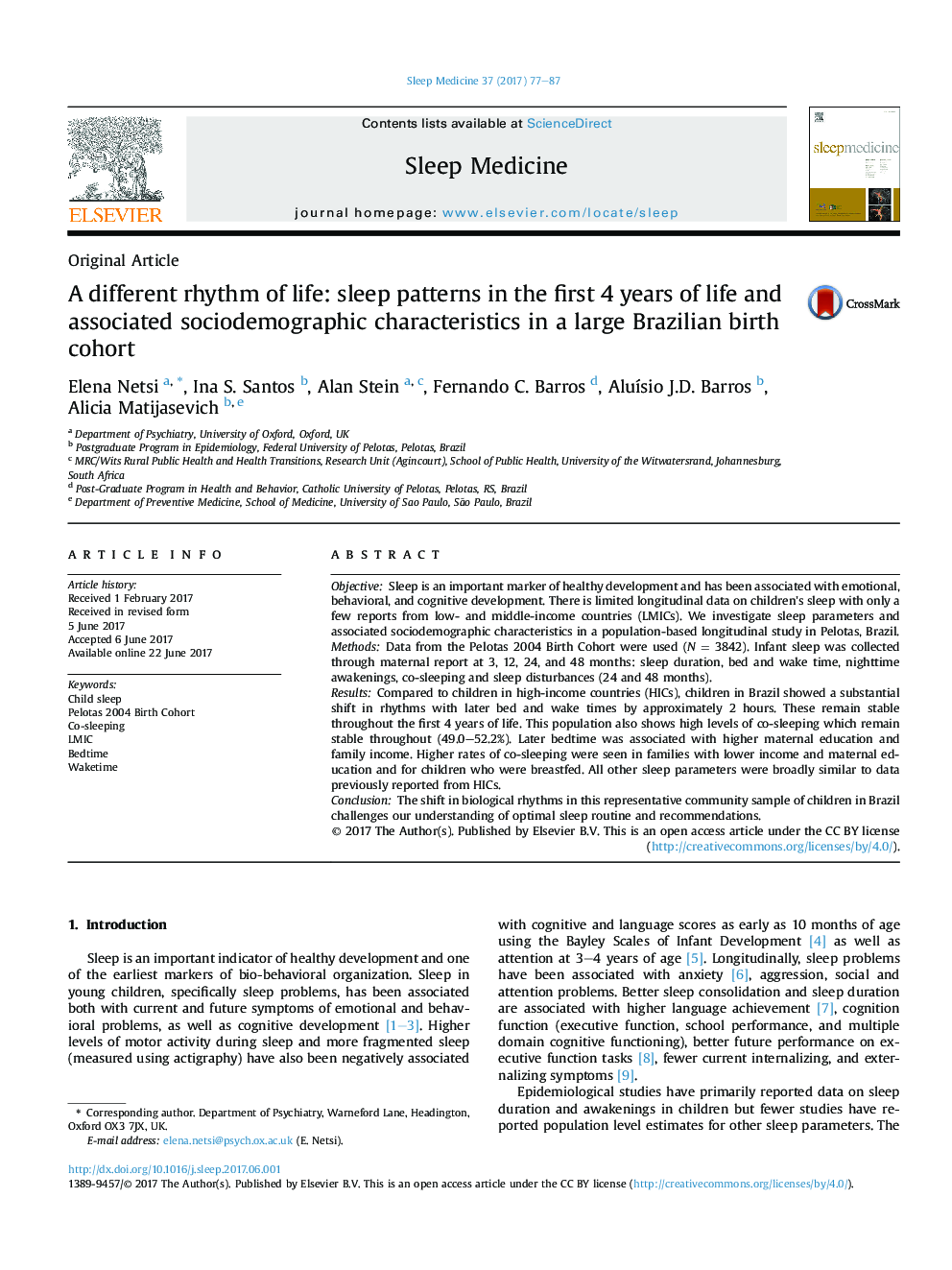 A different rhythm of life: sleep patterns in the first 4 years of life and associated sociodemographic characteristics in a large Brazilian birth cohort