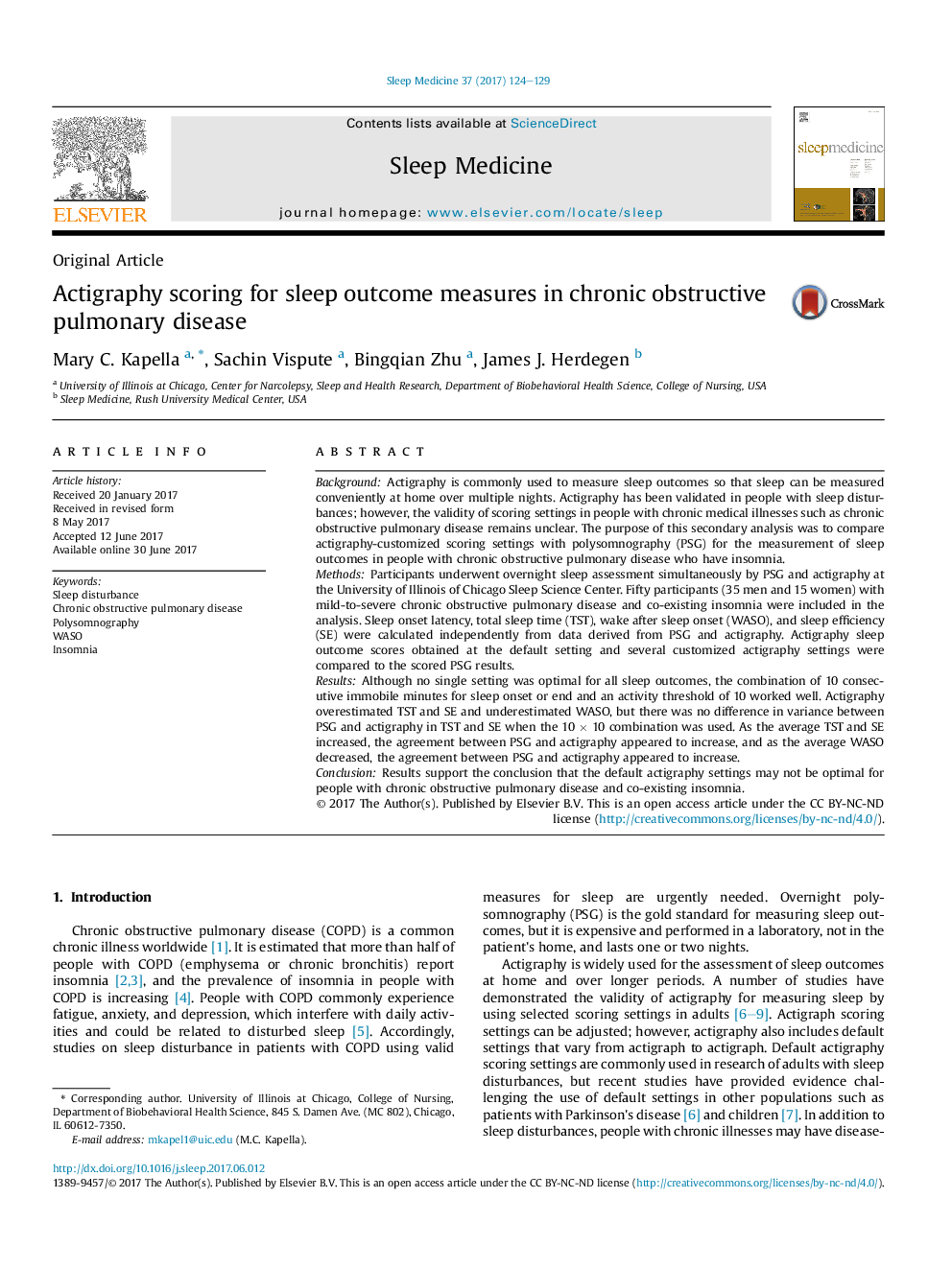 Actigraphy scoring for sleep outcome measures in chronic obstructive pulmonary disease