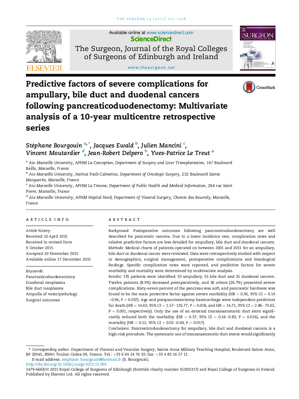 Predictive factors of severe complications for ampullary, bile duct and duodenal cancers following pancreaticoduodenectomy: Multivariate analysis of a 10-year multicentre retrospective series