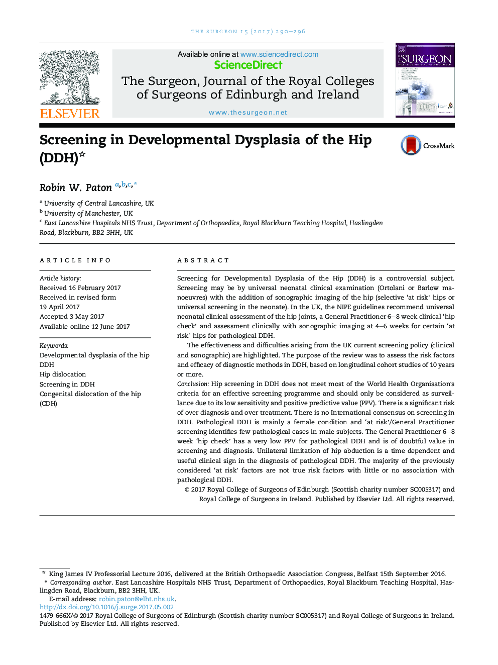 Screening in Developmental Dysplasia of the Hip (DDH)